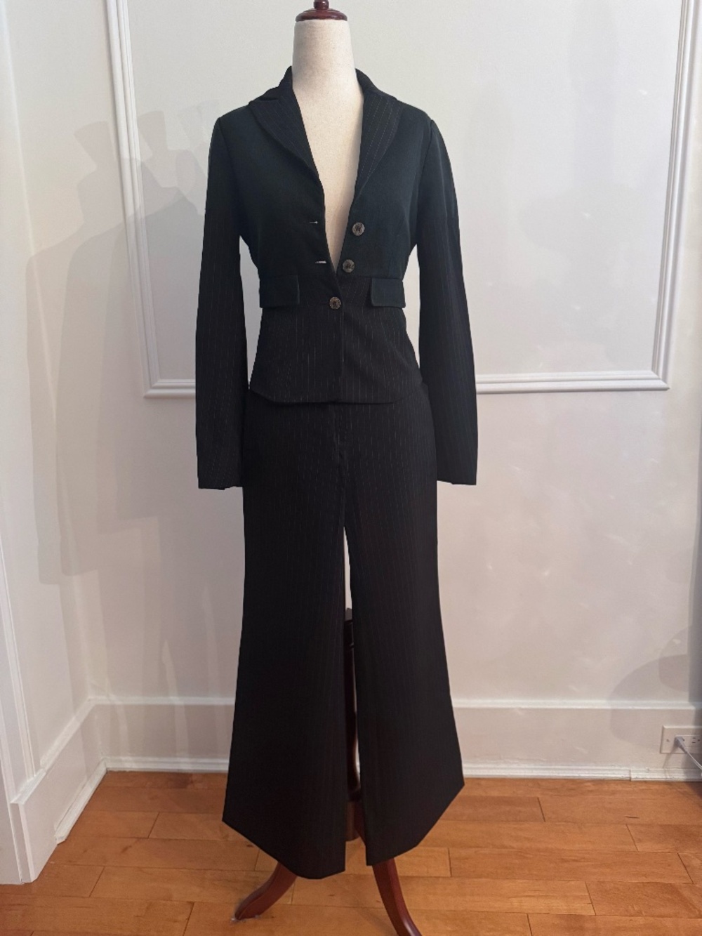 Vintage Plein Sud Paris Black Pinstripe Suit Fitted Blazer Wide Leg Trousers XS